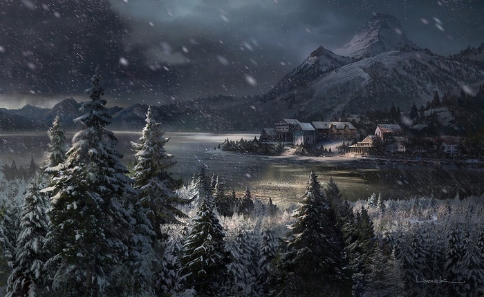 The Last of Us winter scene with a village by a lake