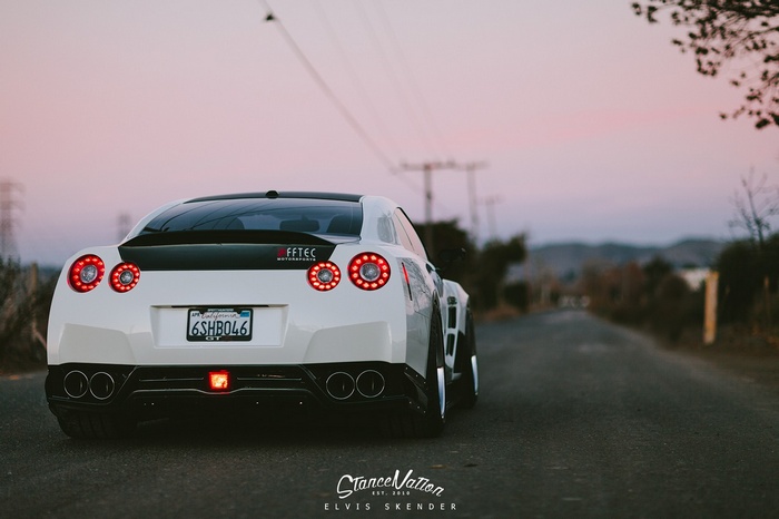 White Nissan Skyline GT-R R35 on a road