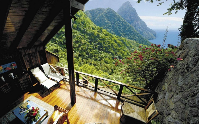 Balcony overlooking Pitons and the Caribbean Sea