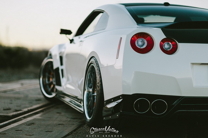 White Nissan Skyline GT-R R35 with StanceNation logo