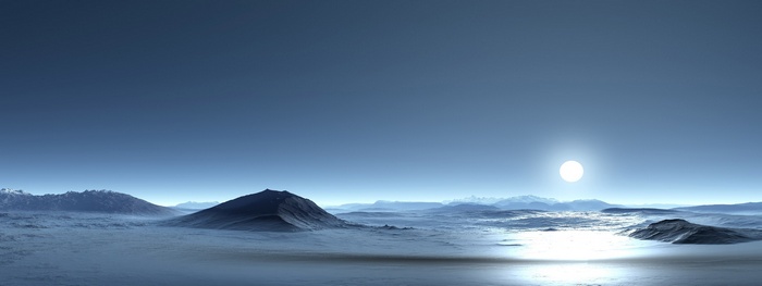 Panoramic view of a desolate, icy landscape with mountains and a bright sun