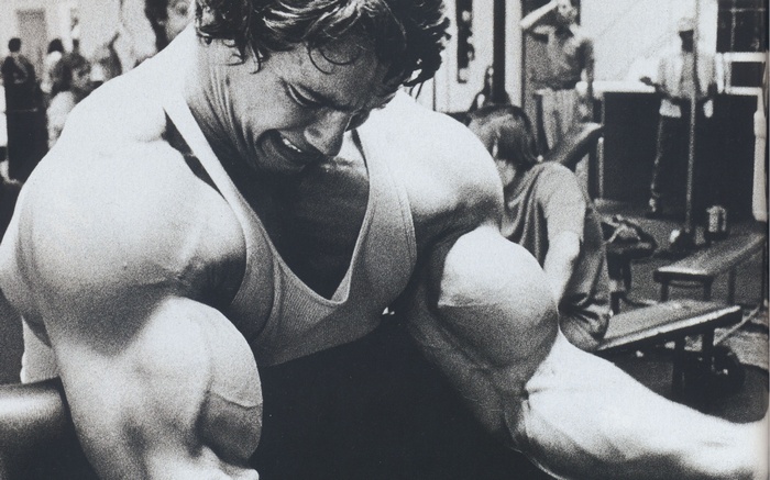Arnold Schwarzenegger exercising in a gym