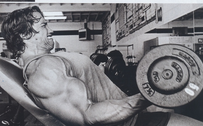 Arnold Schwarzenegger lifting weights in a gym