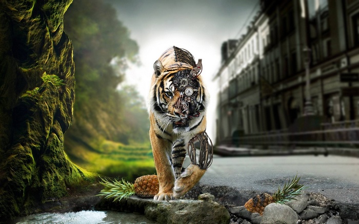 Steampunk tiger in a split environment