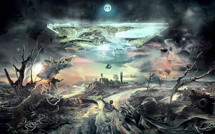 Surreal abstract digital art with floating islands