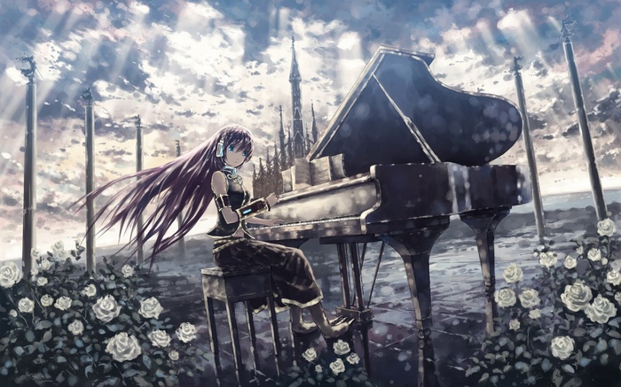 Megurine Luka playing piano with white roses