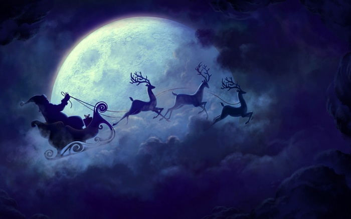 Christmas sleigh, Santa Claus, clouds, reindeer, Christmas, sleigh, Moon, santa