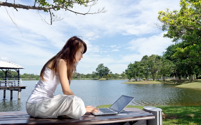 laptop, sitting, trees, model, long hair, women outdoors, women, white dress, brunette, Asian, water