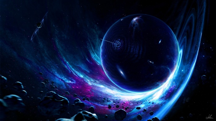 Space art with planet, asteroids, and nebula