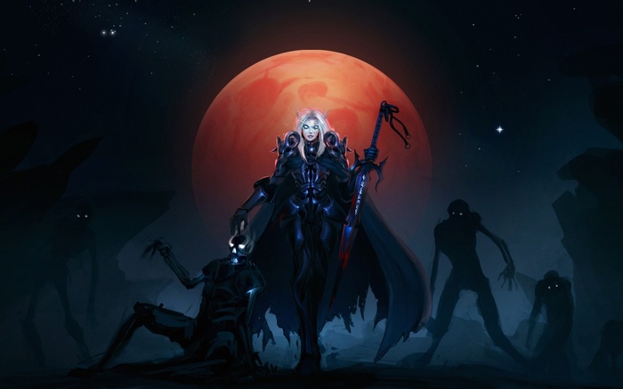 Fantasy art of a female warrior with skeletons and zombies