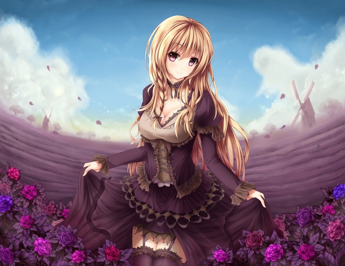 Anime girl with blonde hair in a purple dress