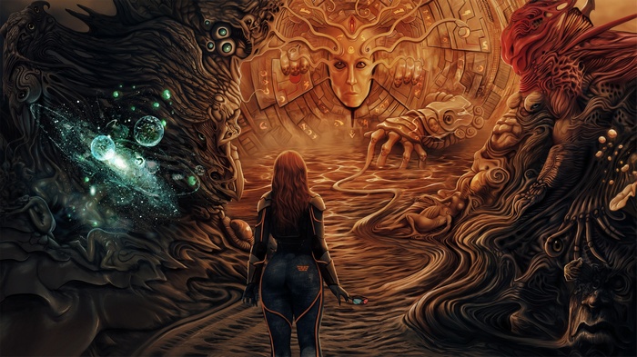 Artwork of a woman facing a cosmic entity