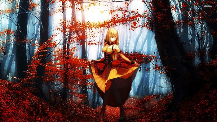 Anime girl in a red and yellow dress in a forest