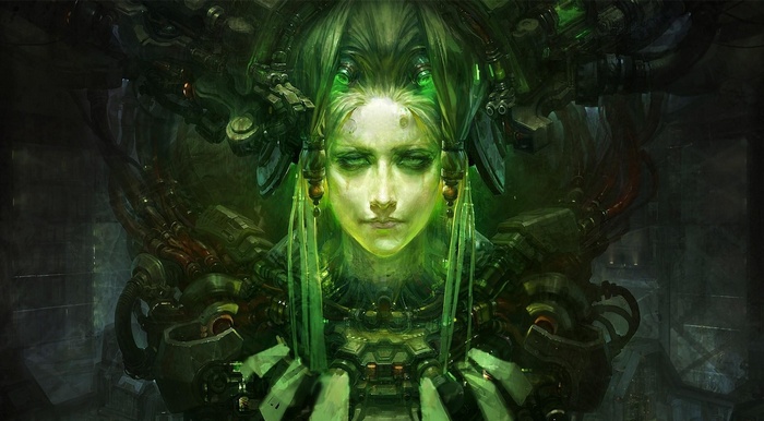 Artwork of a cyborg woman with green glowing eyes