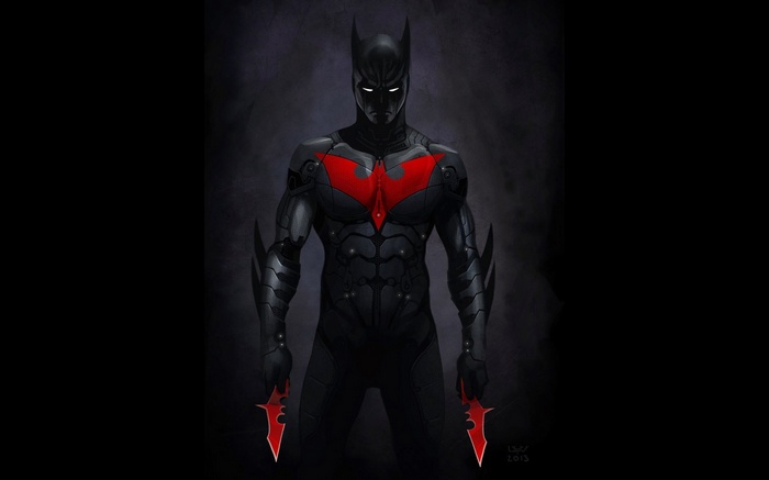 Batman Beyond holding red bat-shaped blades