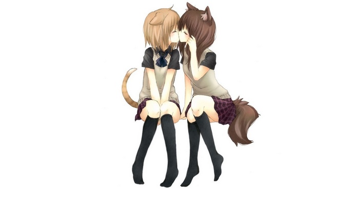 Two anime girls kissing, one with cat ears and tail, the other with wolf ears and tail.