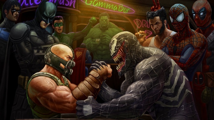 Bane and Venom arm wrestling with superheroes watching