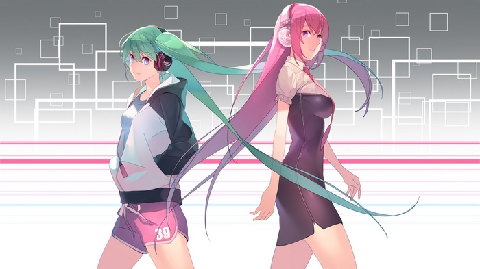 purple eyes, long hair, green hair, anime, pink hair, bangs, twintails, dress, headphones, hoods, anime girls, shorts, Vocaloid, Hatsune Miku, blue eyes, Megurine Luka, tie