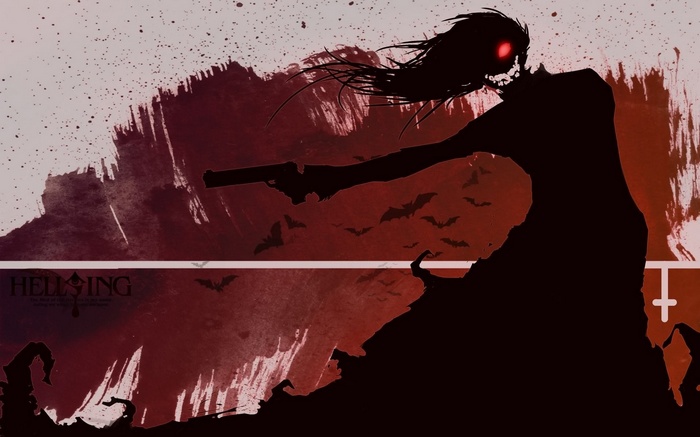 Alucard from Hellsing holding a pistol with bats flying