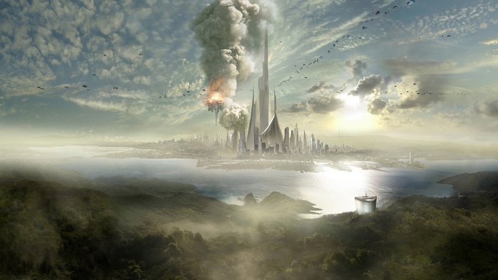 Futuristic city under attack with flying vehicles