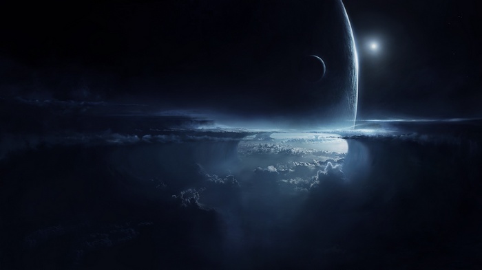 Space art with planets and clouds