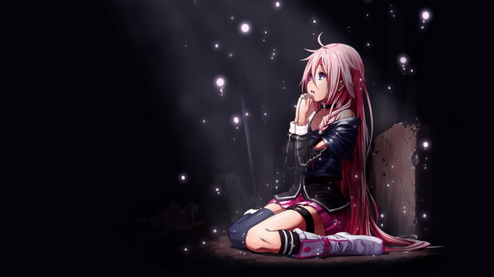 IA Vocaloid praying with pink hair and blue eyes