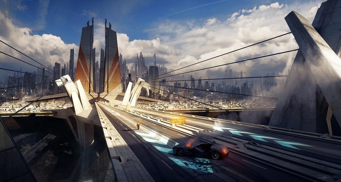 Futuristic Cityscape with Burning Car on Highway