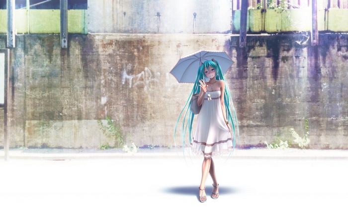 high heels, wokada, blushing, Hatsune Miku, purses, white dress, twintails, purple eyes, Vocaloid, anime girls, smiling, hair ornament, long hair, umbrella, aqua hair, dress, women outdoors, necklace, bangs
