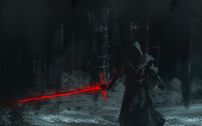 Kylo Ren with Red Lightsaber in Dark Forest