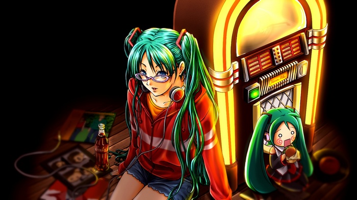 Hatsune Miku and Chibi Miku by a Jukebox