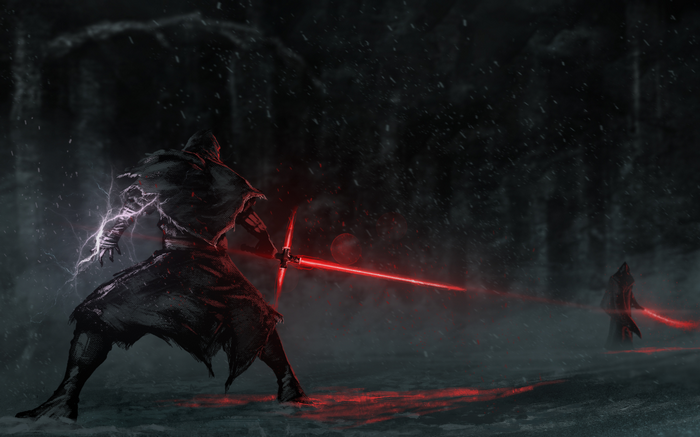 Kylo Ren and another figure with lightsabers in a snowy forest
