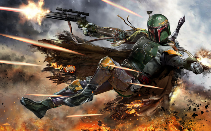 Boba Fett firing his rifle amidst explosions