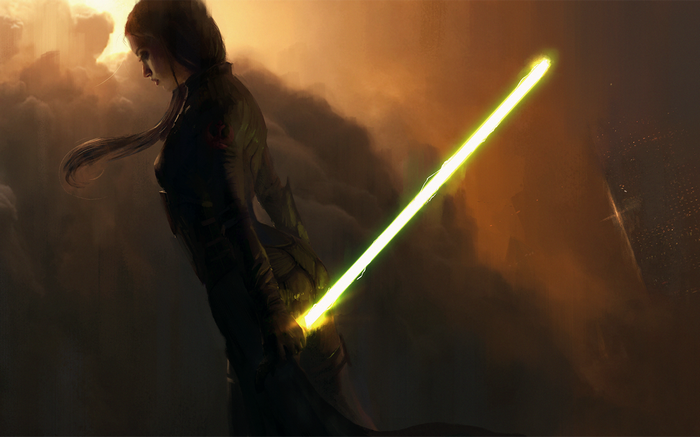 Star Wars Jedi with green lightsaber in clouds