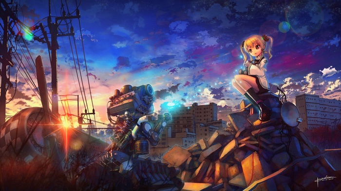 Anime girl and robot in ruins at sunset