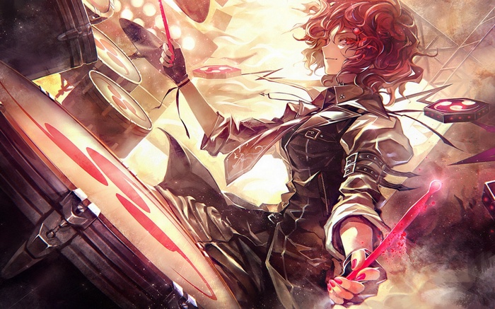 Horikawa Raiko playing drums with red eyes and wavy hair