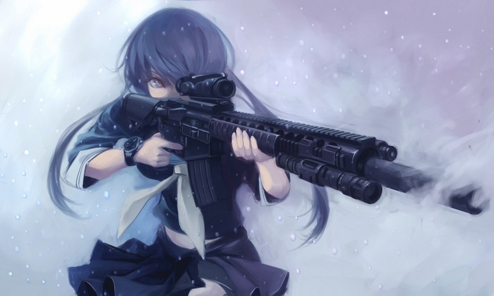 Anime girl with blue hair aiming an assault rifle