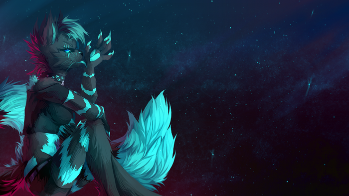 Furry character with glowing blue markings in space