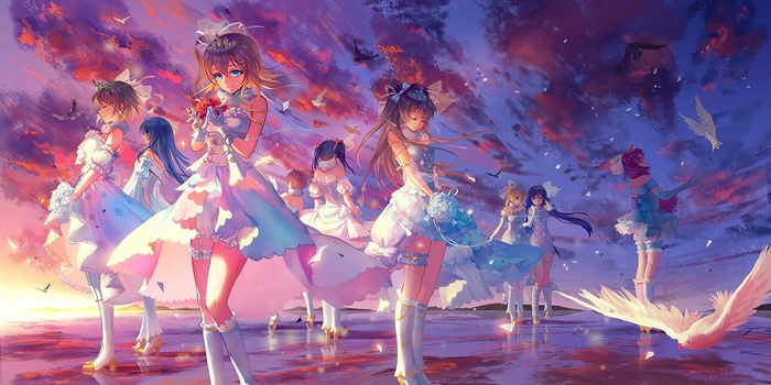 Love Live! girls in wedding dresses at sunset