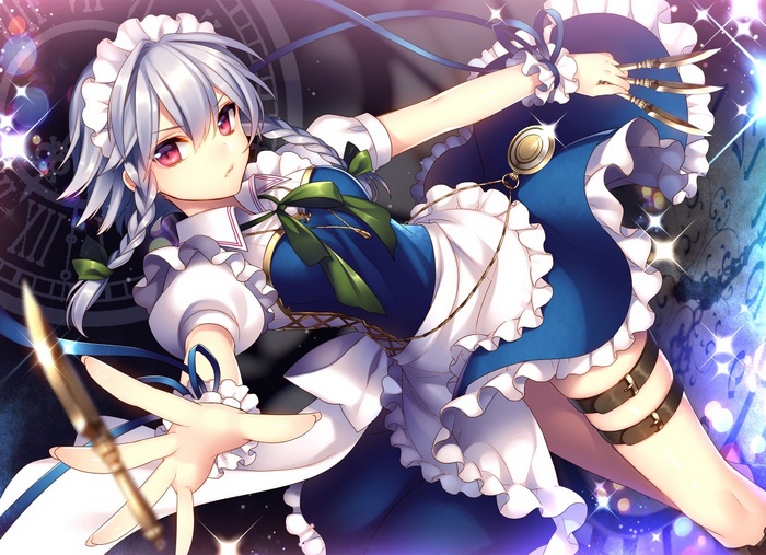 Izayoi Sakuya from Touhou holding knives in a maid outfit