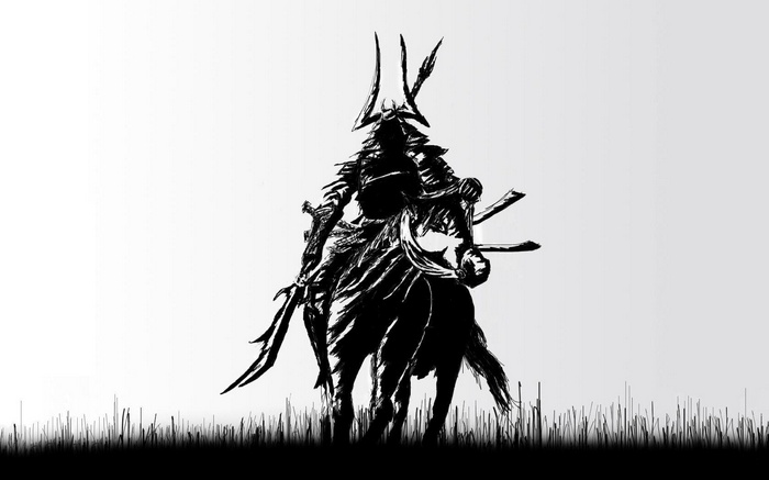 Samurai warrior on horseback in black and white