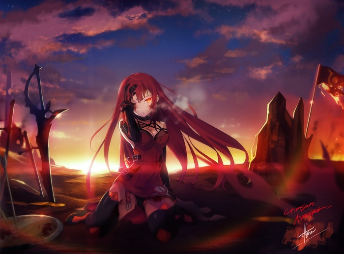 Elesis (Elsword) with red eyes and weapons at sunset