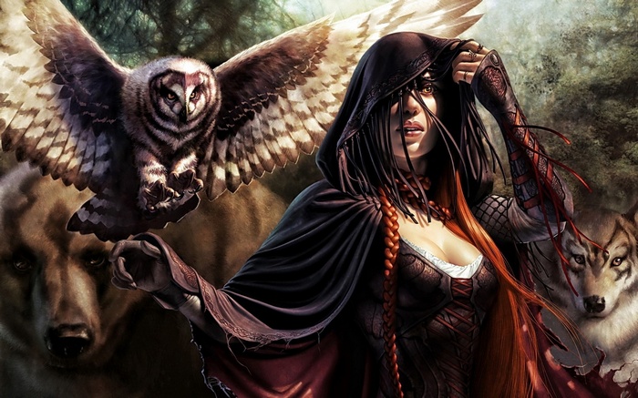 Fantasy art of a woman with animals
