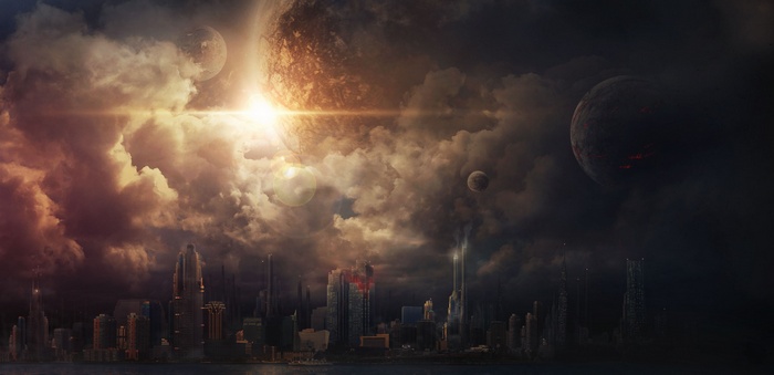 Digital art of an eclipse over a futuristic city