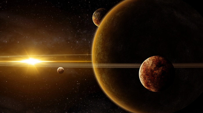 Planets and a bright star in space with rings