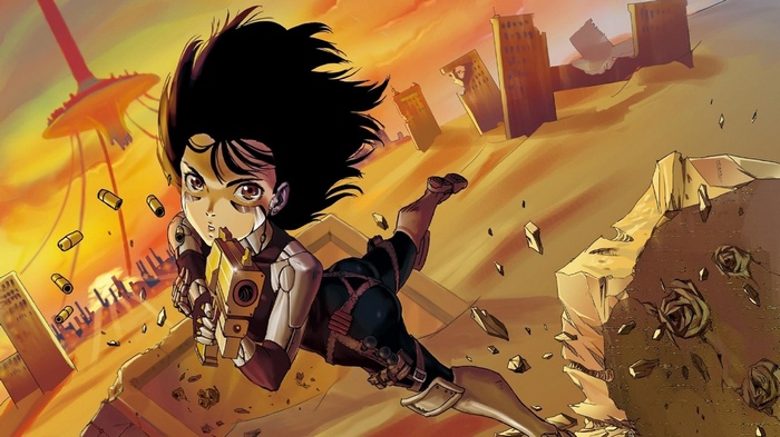 Battle Angel Alita anime with guns and destroyed city