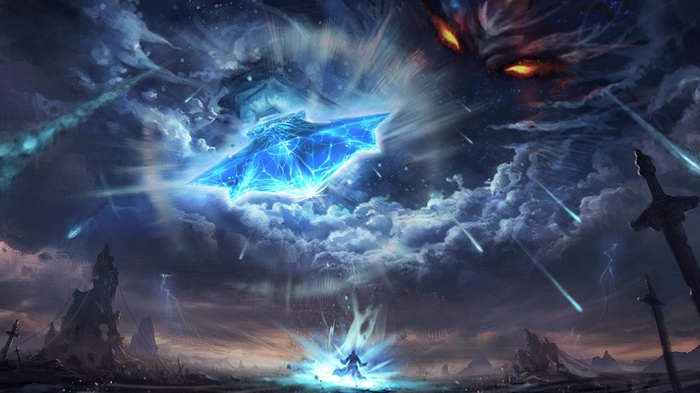 Fantasy battle with a crystal ship and a demon in the sky