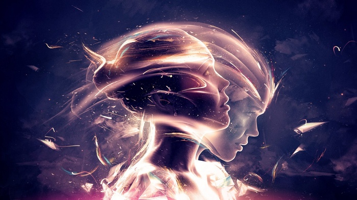 Digital art of abstract human profiles with light effects