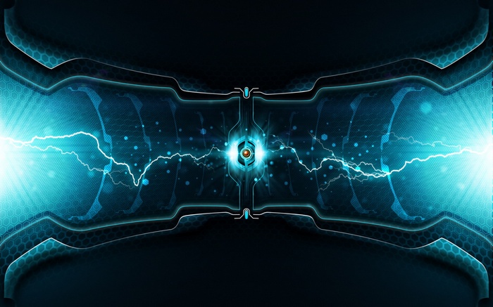 Abstract blue energy with lightning and hexagonal patterns