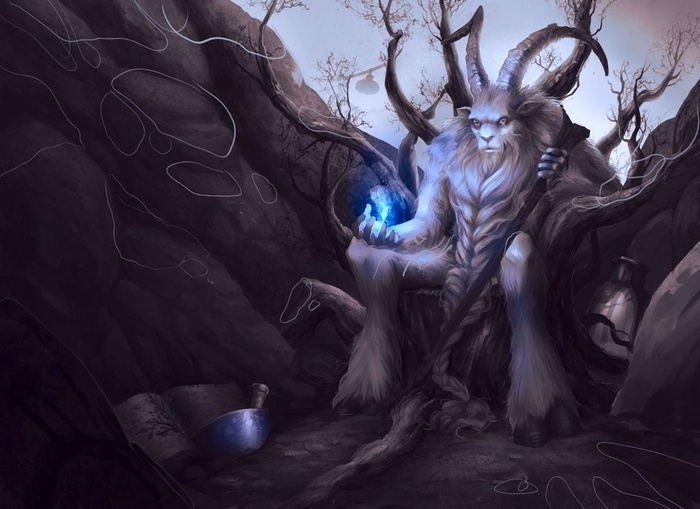 Mythological creature holding a glowing orb in a forest