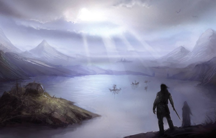 Vikings on a lake with mountains and sunbeams